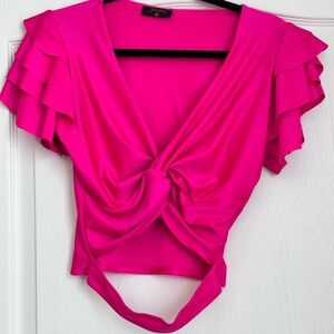 Boohoo Pink Flutter Sleeve Crop Blouse